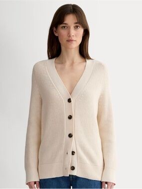 Everlane Cream Organic Cotton V-Neck Button Cardigan